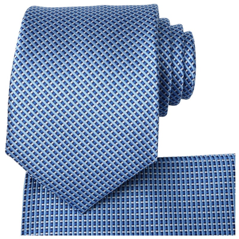 KissTies Mens Blue Tie Set Checkered Necktie Blue Ties + Pocket Square - Image 3